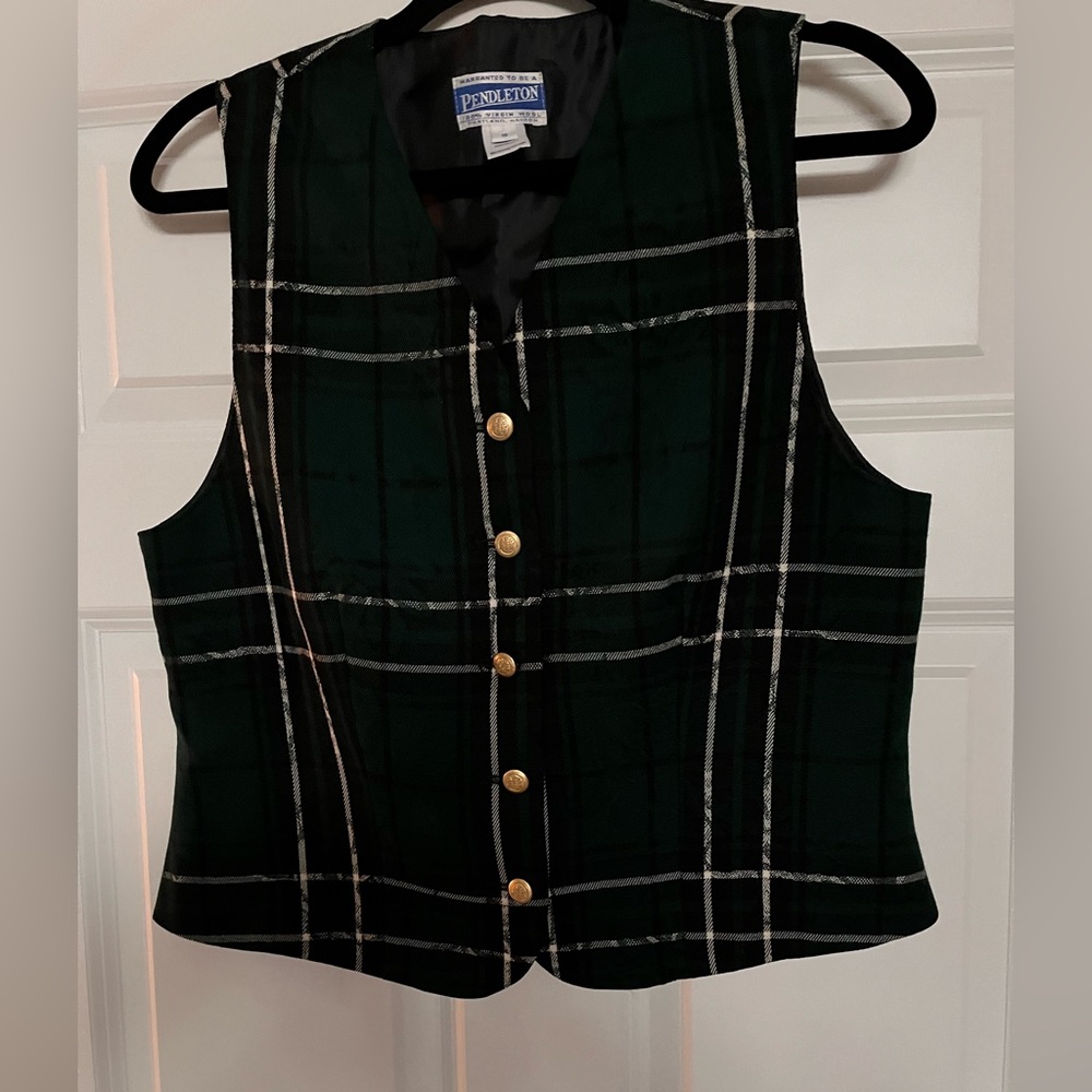 Pendleton VintageClassic Dark Green Black White Plaid Vest sz 10 Wool Waistcoat